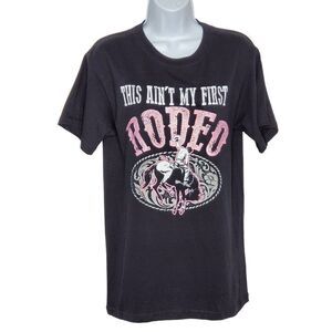 Womens This Ain't My First Rodeo Graphic Tee Shirt Sz S Bucking Bronc Black Pink
